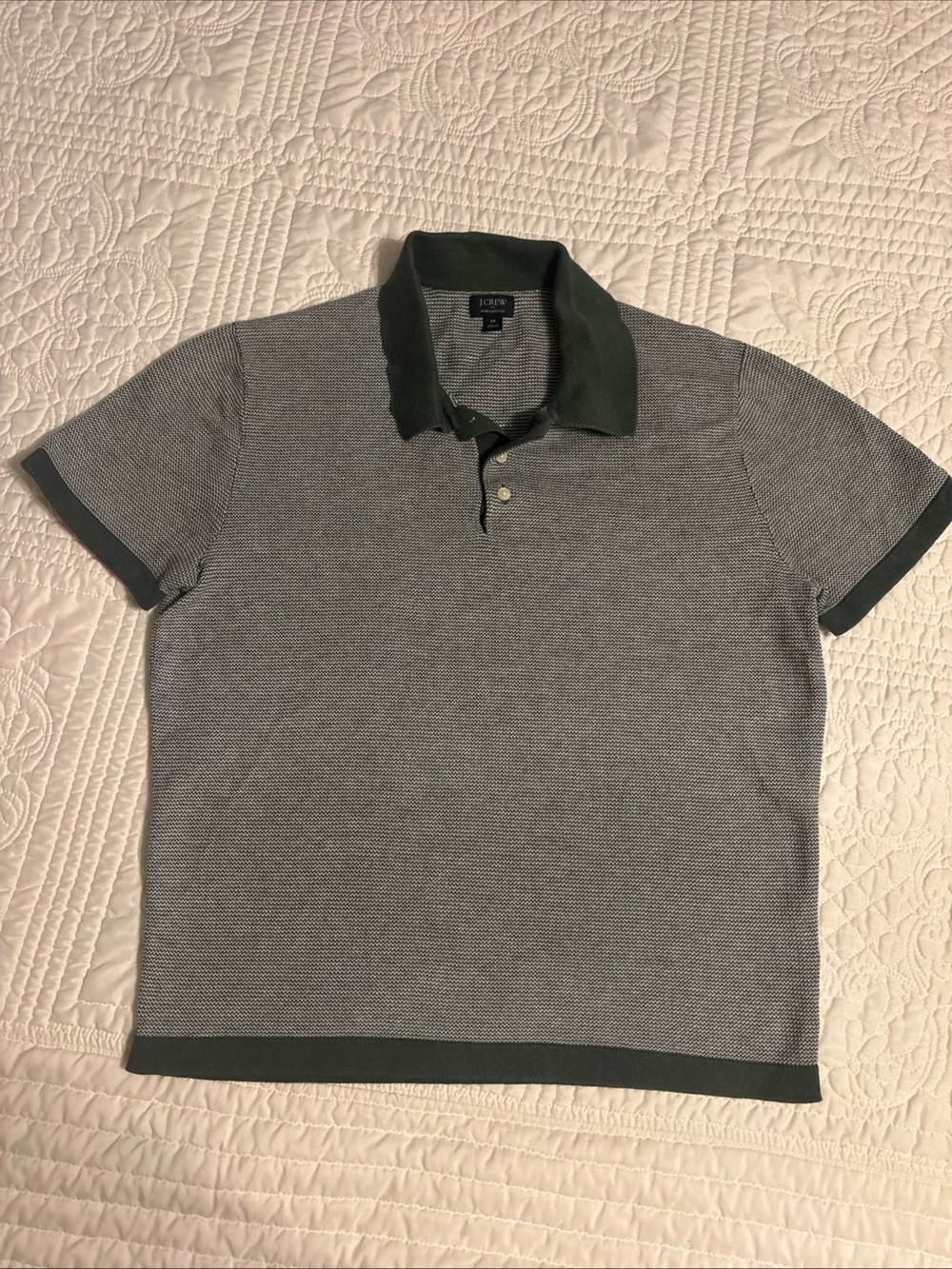 J. Crew Men's Heathered Gray Polo with Dark Green Trim